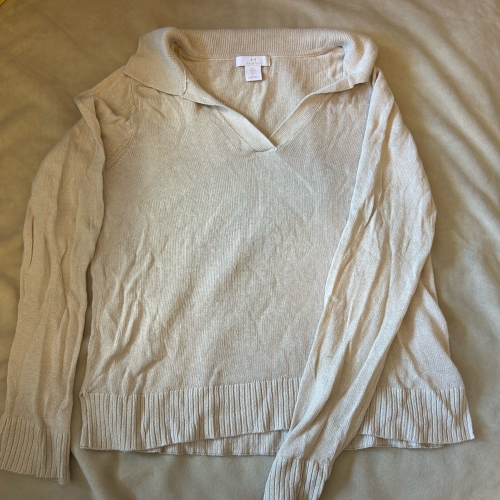 Halston Linen Light Beige V-Neck Collared Long-Sleeve Knit Top